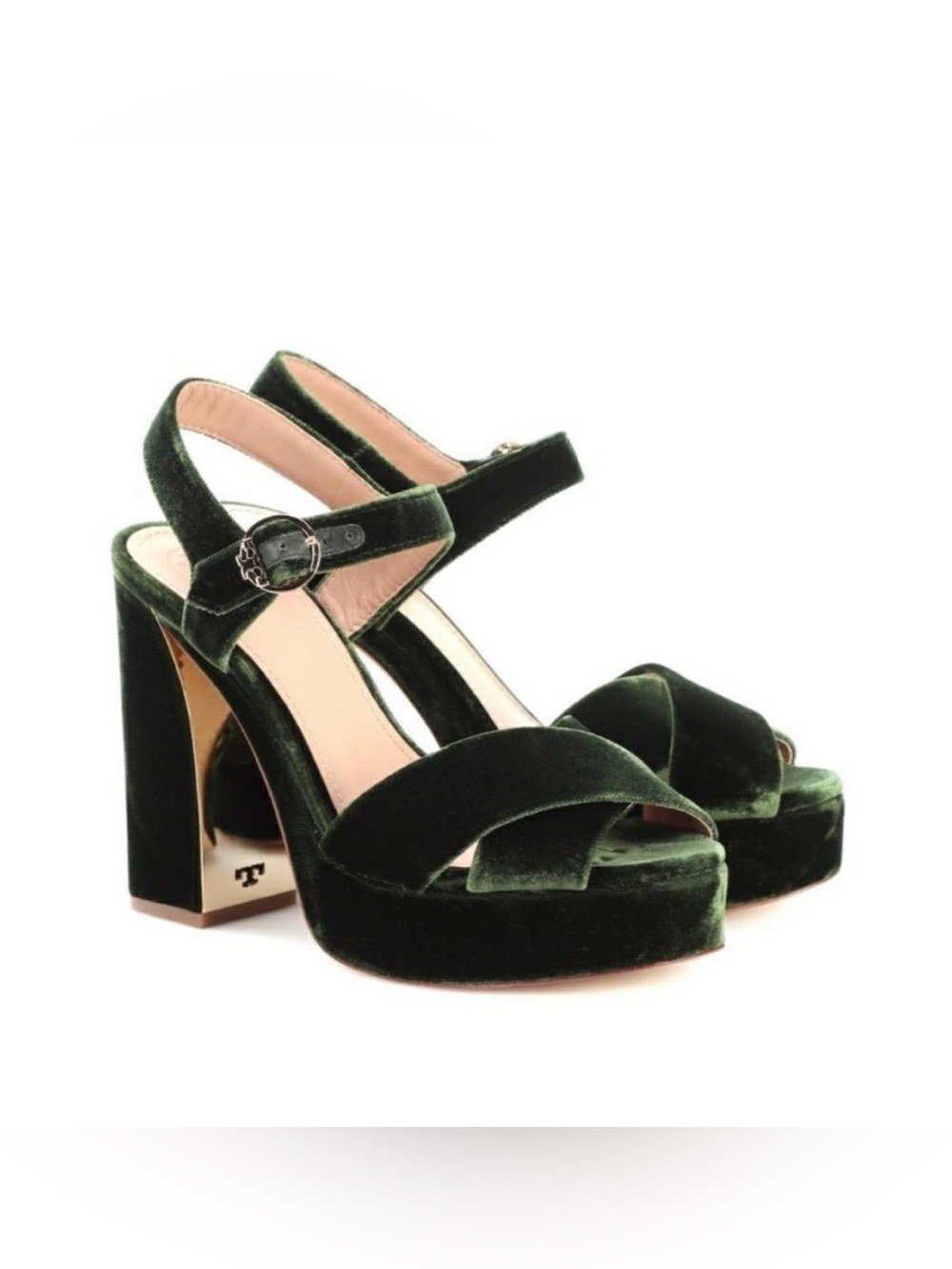 Tory Burch Loretta Dark Green Velvet Platform Heel Sandals (7.5)